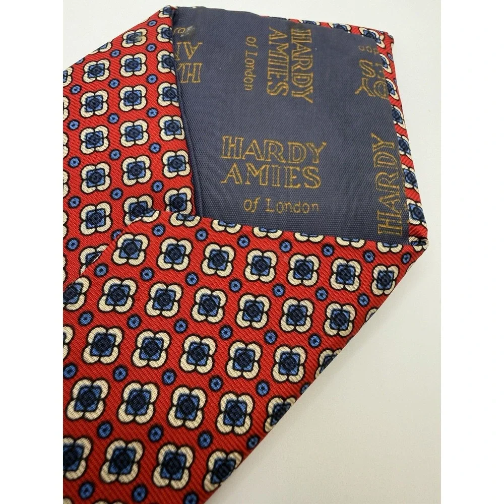 Hardy Amies London Silk Tie Red Blue Geometric Floral Classic 58.5